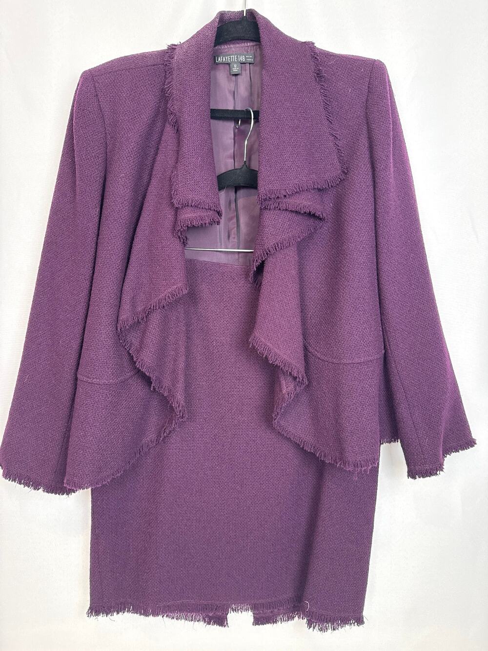Lafayette 148 New York Sz 12 Plum Tweed Fringe Suit Set 2pc